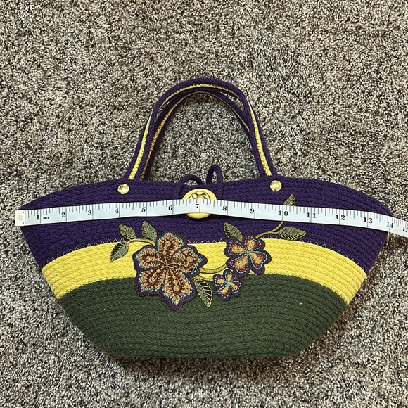 Unique Woven Rope Jute Bucket Floral Embroidered Purple and Green Handbag - Picture 10 of 16
